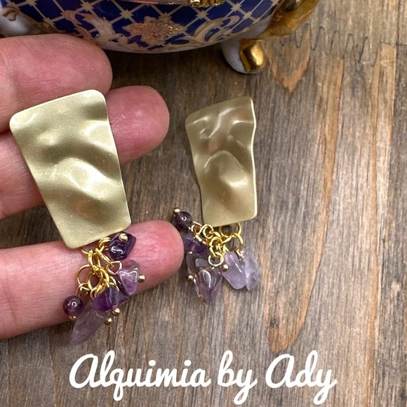 Amethyst big gold statement dangle long chandelier earrings - Picture 2 of 5